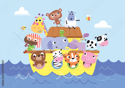 Fototapeta Naklejka Na Ścianę i Meble -  Cartoon vector illustration of Noah's Arc with all his cute happy animals.