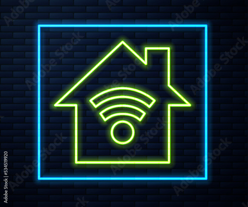 Glowing neon line Smart home with wi-fi icon isolated on brick wall background. Remote control. Vector