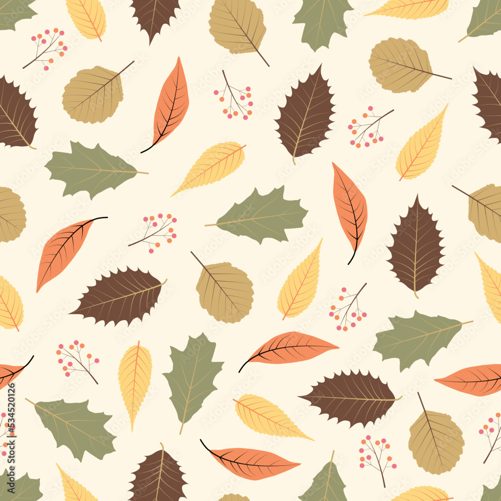 Elegant ditsy floral seamless pattern design. Repeat texture of autumn color leaves. Foliate background for surface printing