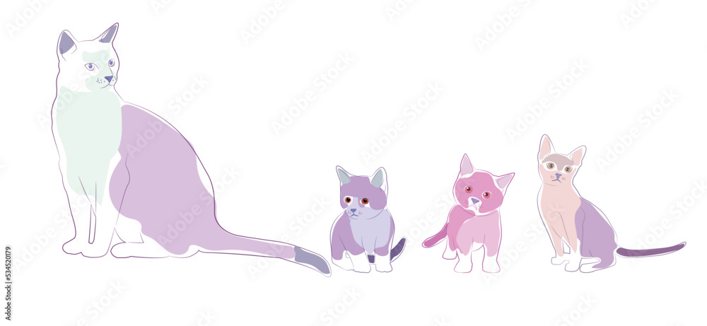 Vector isolated color cat, logo, typography, decorative sticker on white background.
