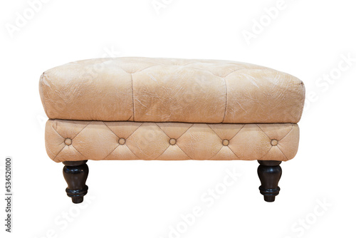 Leather padded stool with wooden legs isolated on white backgrounds work with Clipping path