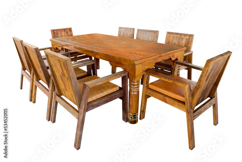 Wooden dining table set isolated.