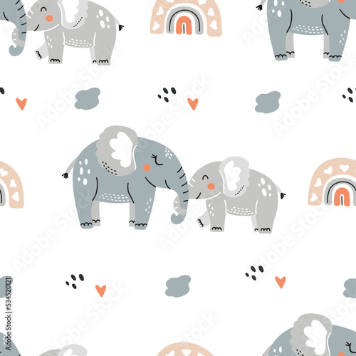 Cute vector illustration of elephants on a white background for your design. Mom and baby.