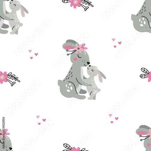 Seamless pattern of mother rabbit and little rabbit. The mother hugs the rabbit. Vector illustration for nursery and textile decoration