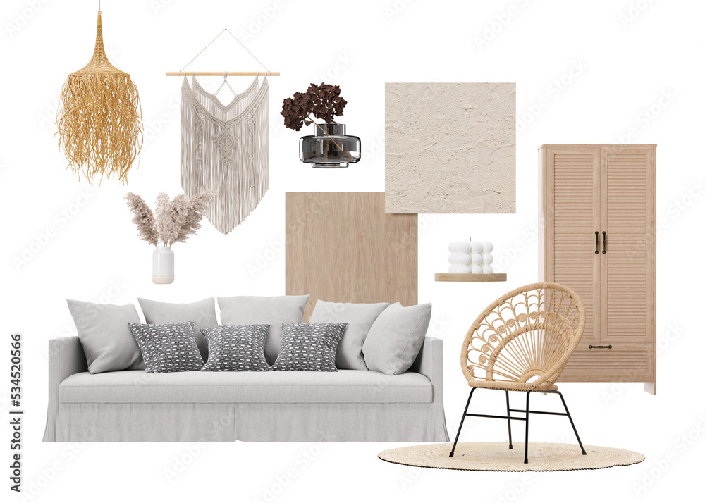 Interior design moodboard with isolated modern living room furniture, home  accessories, materials. Furniture store, indoor details. Interior project.  Boho style, mood board, collage. 3d rendering. Stock Illustration | Adobe  Stock