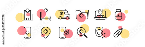 The medicine set icon. Hospital, bed, ward, dropper, pharmacy, doctor, pills, thermometer, ambulance, red cross, cough, virus. Health care concept. Vector line icon for Business and Advertising