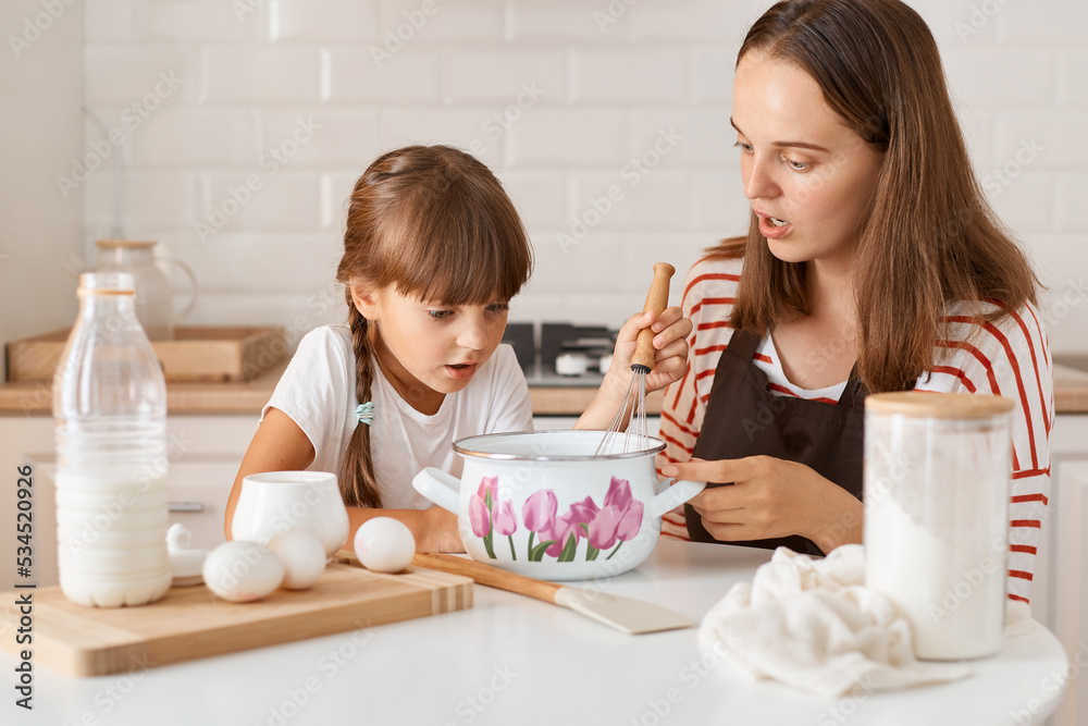 Image of shocked woman in apron sitting at table with her daughter and preparing dough for cookies or pastries in kitchen, looking at pot with astonishment, being surprised with result. Image of shocked woman in apron sitting at table with her daughter and preparing dough for cookies or pastries in kitchen, looking at pot with astonishment, being surprised with result.