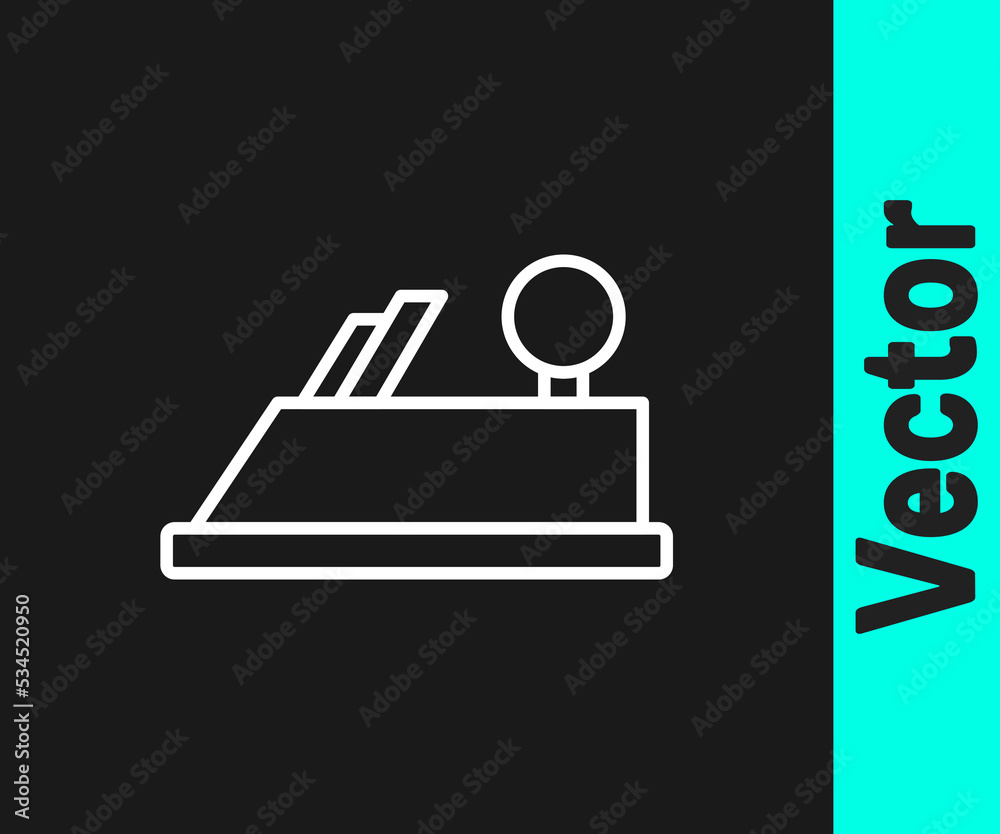 White line Wood plane tool for woodworker hand crafted icon isolated on black background. Jointer plane. Vector White line Wood plane tool for woodworker hand crafted icon isolated on black background. Jointer plane. Vector