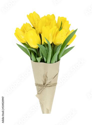 Bouquet of yellow tulips wrapped in craft paper isolated on transparent background.