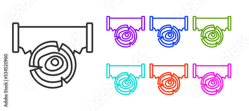 Black line Two-handed saw and log icon isolated on white background. Set icons colorful. Vector