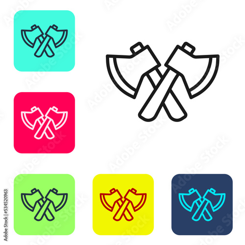 Black line Wooden axe icon isolated on white background. Lumberjack axe. Set icons in color square buttons. Vector