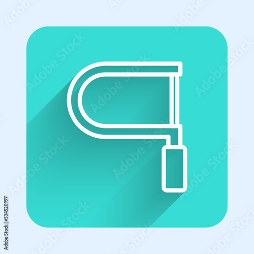 White line Hacksaw icon isolated with long shadow background. Metal saw for wood and metal. Green square button. Vector
