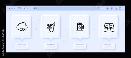 Ecology set icon. Cloud, CO2, energy, socket, wires, gas station, drop, fuel, solar battery, green energy. Save the world concept. Neomorphism website interface. Vector line icon for Business