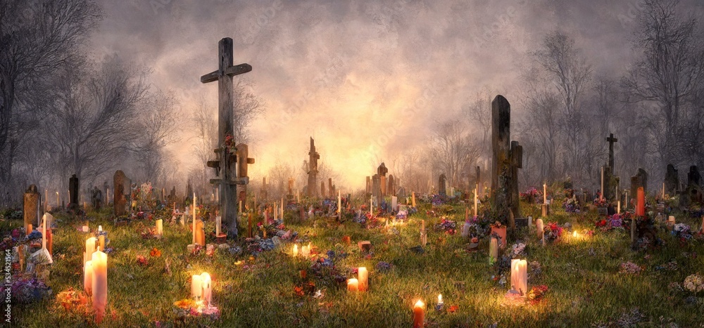 A Painting Of A Cemetery Filled With Candles, Banner Background