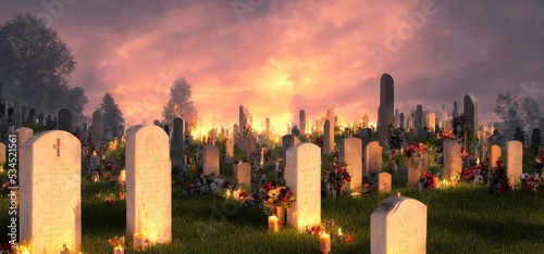 A Cemetery With A Lot Headstones Lit Up At Night, All Saints Day All Souls DayConcept Wallpaper Background. Book Cover Or Digital Concept Art Illustration.