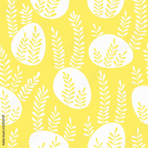 Easter seamless pattern from white eggs with plants on a yellow background. Fashion design with floral motifs and eggs. Flat vector illustration.