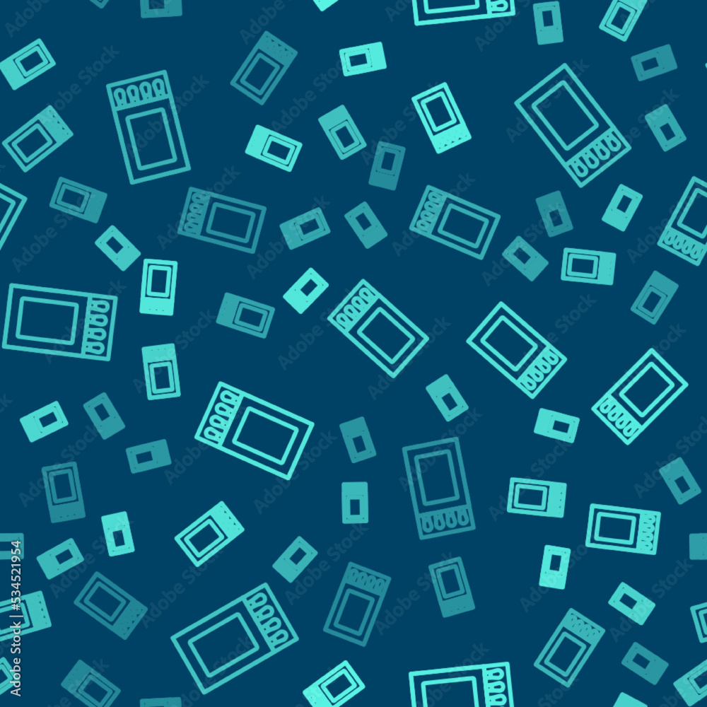 Green line Open matchbox and matches icon isolated seamless pattern on blue background. Vector