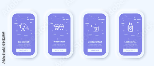 Dentist set icon. Tooth, injection, anesthesia, root, mouth, enamel, artificial limb, doctor, xray prosthesis. Health care concept. Neomorphism. UI phone app screens. Vector line icon for Business