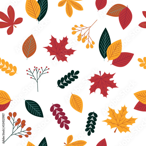 Autumn leaves seamless pattern on white background. Vector illustration.