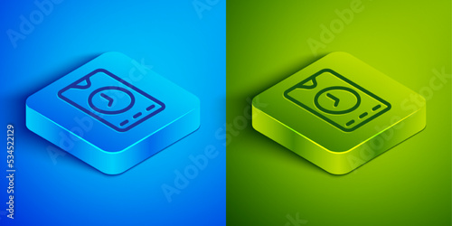 Isometric line Alarm clock app smartphone interface icon isolated on blue and green background. Square button. Vector