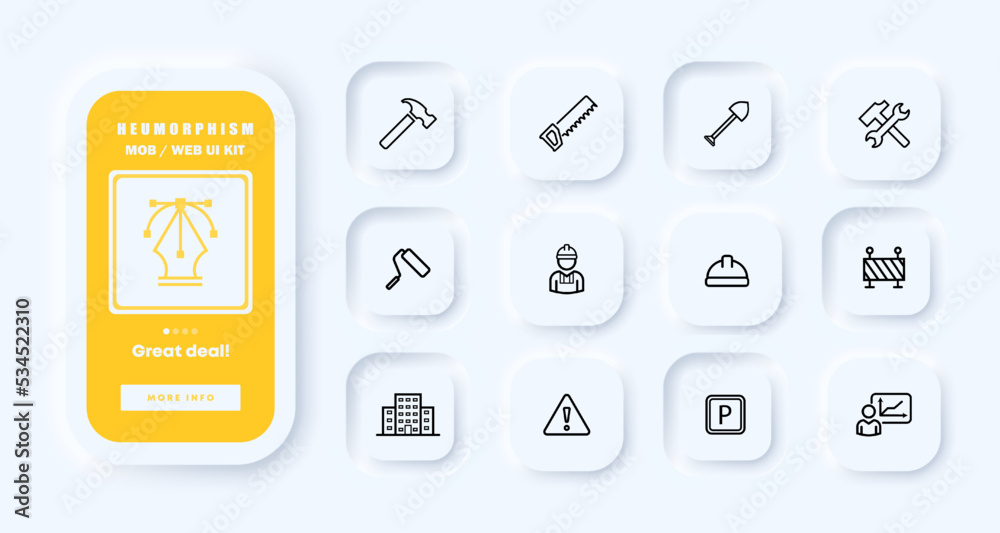 Construction set icon. Hammer, saw, shovel, roller, wrench, hard hat, parking, warning, danger, fence, building, builder. Neomorphism. UI phone app screens. Vector line icon for Business Construction set icon. Hammer, saw, shovel, roller, wrench, hard hat, parking, warning, danger, fence, building, builder. Neomorphism. UI phone app screens. Vector line icon for Business