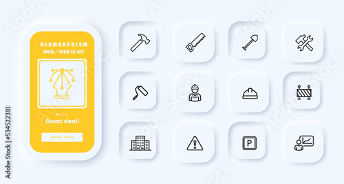 Construction set icon. Hammer, saw, shovel, roller, wrench, hard hat, parking, warning, danger, fence, building, builder. Neomorphism. UI phone app screens. Vector line icon for Business
