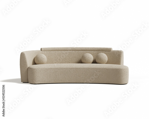 3d rendering of an isolated modern beige boucle bean shaped cosy lounge 2 seat sofa. Bouclé,  is a wooly, nubby fabric that basically feels like a textured fleece.
