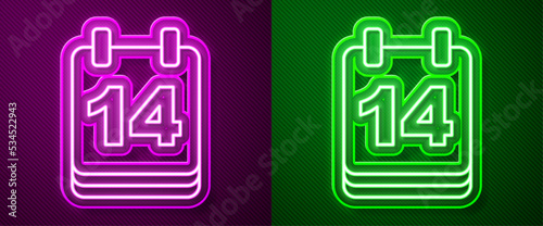 Glowing neon line Calendar with February 14 icon isolated on purple and green background. Valentines day. Love symbol. Vector