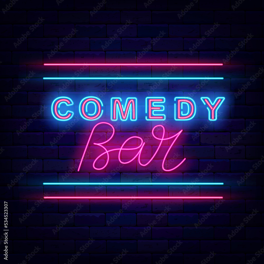 Comedy bar neon advertising. Stand up show signboard. Comic night. Striped frame. Vector stock illustration