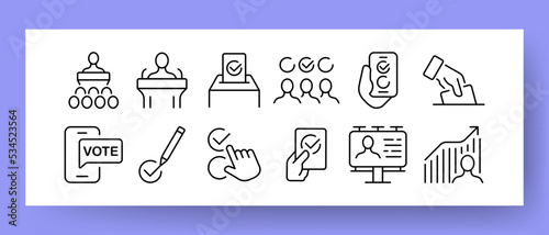Polling station set icon. Pen, tick, vote, referendum, petition, election, vote, victory, debate, will, politics. Voting concept. Vector line icon for Business and Advertising