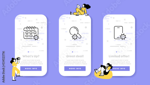 The medicine set icon. Virus, calendar, incubation period, magnifying glass, examination, phone, disease guide, online doctor help. UI phone app screens with people. Vector icon for Business