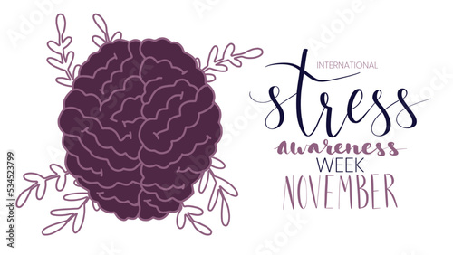 International stress awareness week November web banner with handwritten calligraphy. Human brain illustration
