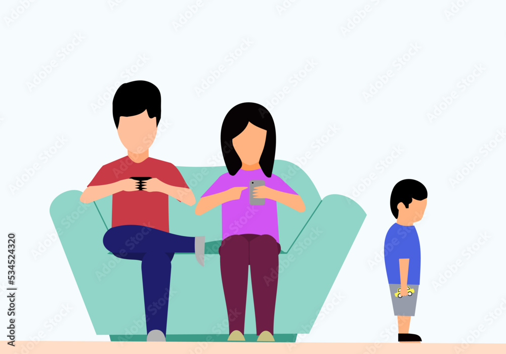 a lonely child ignored by their parents, selfish parents being busy with their smartphone instead of playing with their kid a lonely child ignored by their parents, selfish parents being busy with their smartphone instead of playing with their kid