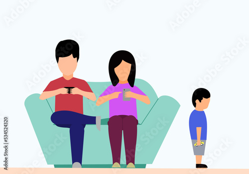 a lonely child ignored by their parents, selfish parents being busy with their smartphone instead of playing with their kid