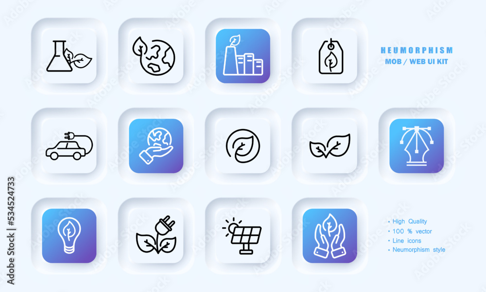 Ecology set icon. Green energy, atom, lamp, electricity, waste, wind station, refueling, fuel, nuclear plant, environmentally friendly. Neomorphism style. Vector line icon for Business and Advertising