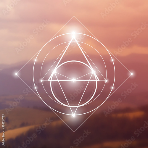 Sacred geometry spiritual new age futuristic illustration with transmutation interlocking circles, triangles and glowing particle