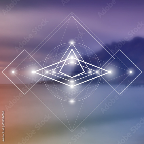 Sacred geometry spiritual new age futuristic illustration with transmutation interlocking circles, triangles and glowing particle