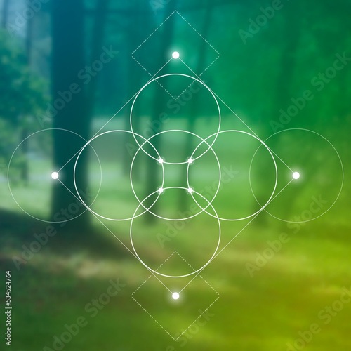 Flower of life. Tree of life. Sacred geometry spiritual new age futuristic illustration with transmutation interlocking circles, triangles and glowing particle