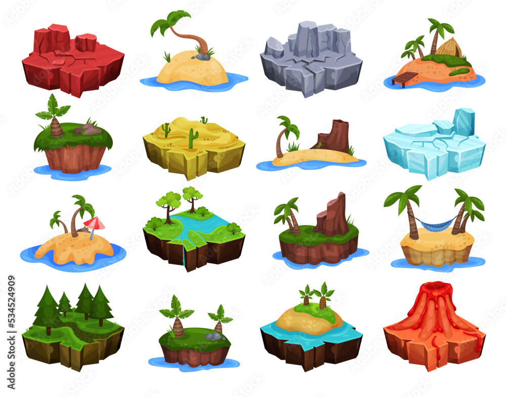 Islands for Computer Game with Desert, Forest, Tropical Beach, Ice, Mountain and Volcano Big Vector Set