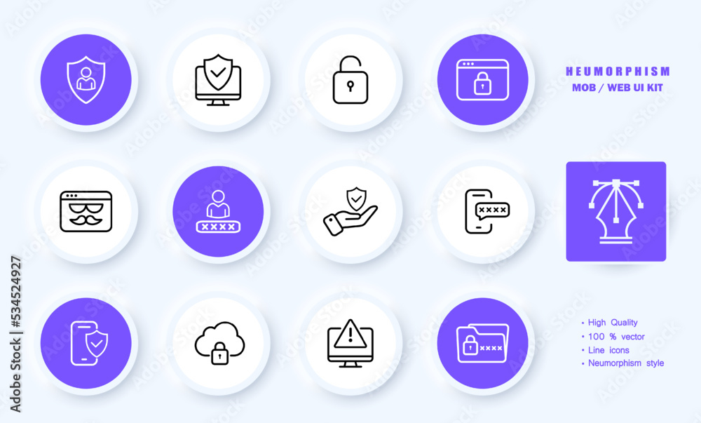 Check mark set icon. Shield, security protection, lock, website, password, access, pin code, authentication, verifying. Neomorphism style. Vector line icon for Business and Advertising