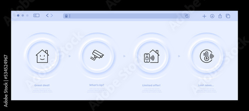 CCTV set icon. Camera, video, protection, lock, secure, lens, media, photographer, social network, video surveillance. Neomorphism website interface. Vector line icon for Business and Advertising