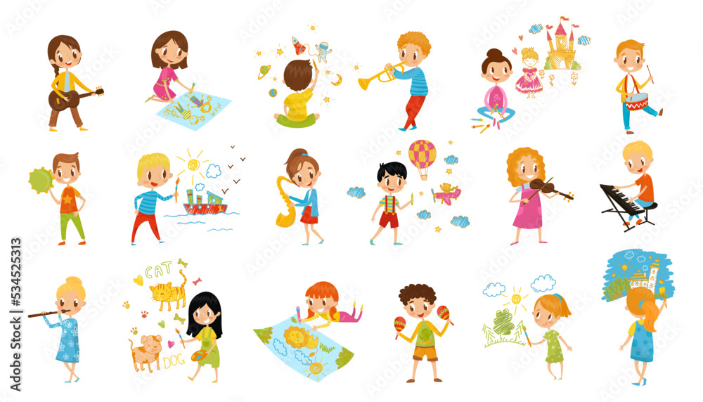 Kids Talents with Smiling Boy and Girl Drawing and Playing Musical Instruments Vector Big Set