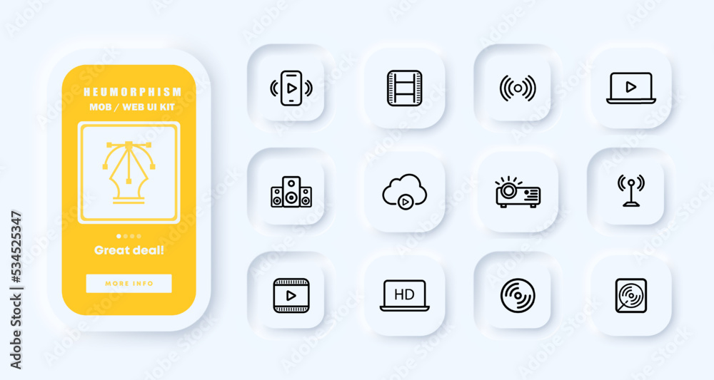 Media set icon. Player, film tape, laptop, speakers, cloud storage, projector, hd, record, music, video, movie, internet, wifi. Neomorphism. UI phone app screen. Vector line icon for Business Media set icon. Player, film tape, laptop, speakers, cloud storage, projector, hd, record, music, video, movie, internet, wifi. Neomorphism. UI phone app screen. Vector line icon for Business