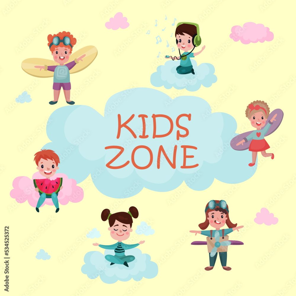 Kids Zone Placard with Fluffy Cloud and Funny Children Playing Plane and Dreaming Vector Template Kids Zone Placard with Fluffy Cloud and Funny Children Playing Plane and Dreaming Vector Template
