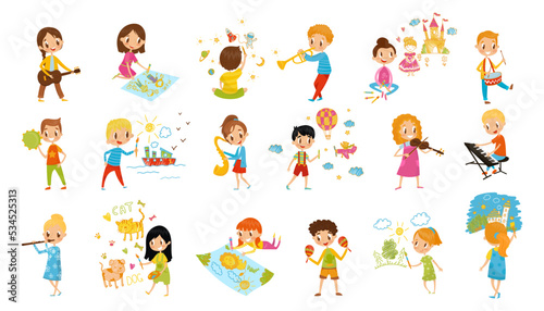 Kids Talents with Smiling Boy and Girl Drawing and Playing Musical Instruments Vector Big Set