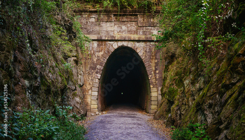 Wide angle of historic old railroad tunnel in VA mountains