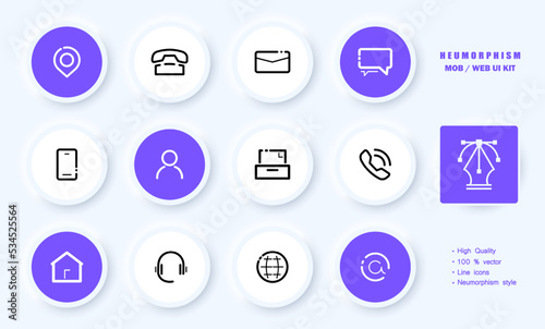 Phone Feature set icon. Correspondence, sms, incoming, outgoing, missed calls, handset, telefax, without sound. Phone concept. Neomorphism style. Vector line icon for Business and Advertising