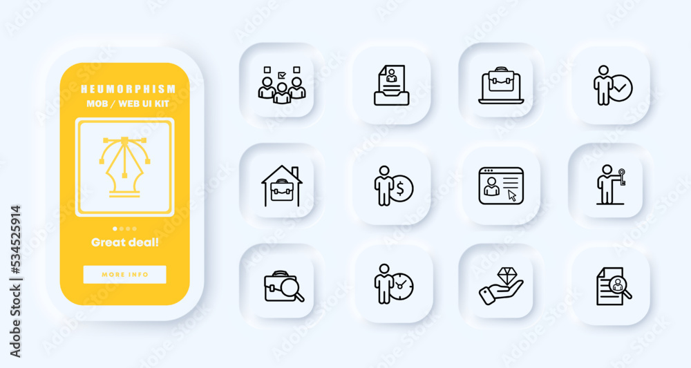 Job search set icon. Resume, portfolio, income, voting, candidate, job, profession, pay, income, backpack, key. Business concept. Neomorphism. UI phone app screen. Vector line icon for Business