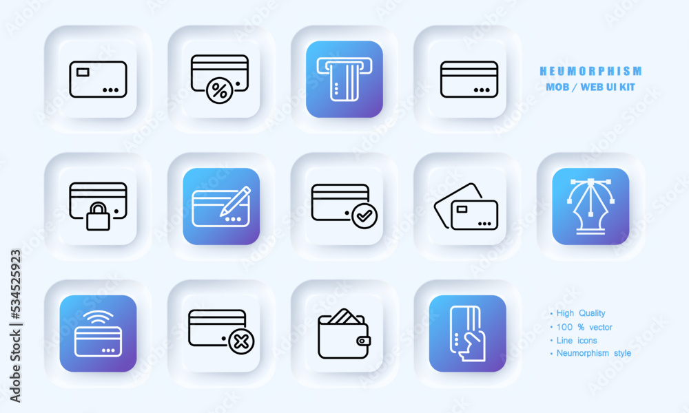 Bank card set icon. Credit, debit card, check, agreement, success, contactless payment, wallet, terminal, ATM. Money concept. Neomorphism style. Vector line icon for Business and Advertising Bank card set icon. Credit, debit card, check, agreement, success, contactless payment, wallet, terminal, ATM. Money concept. Neomorphism style. Vector line icon for Business and Advertising