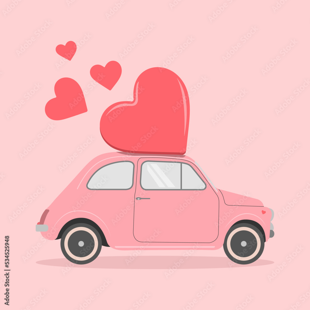 Valentine’s day background with heart, car. Editable vector illustration for website, invitation, postcard and sticker Valentine’s day background with heart, car. Editable vector illustration for website, invitation, postcard and sticker